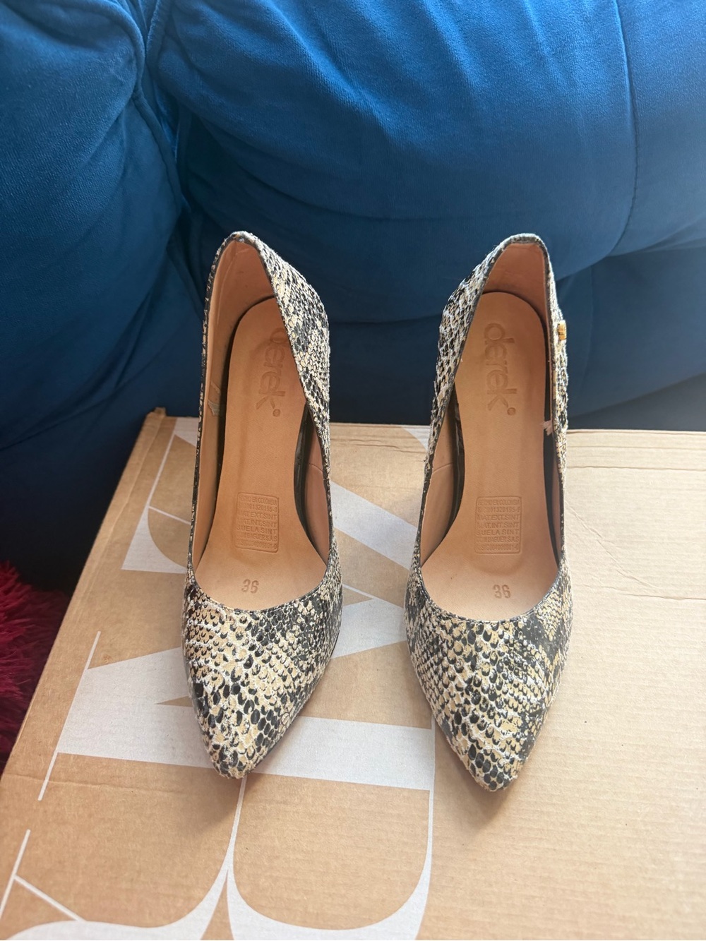 Snake-Print Pointed Toe Pumps in Beige and Black